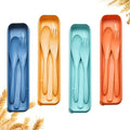 Wheat straw travel cutlery set showing four colored cases with fork and knife