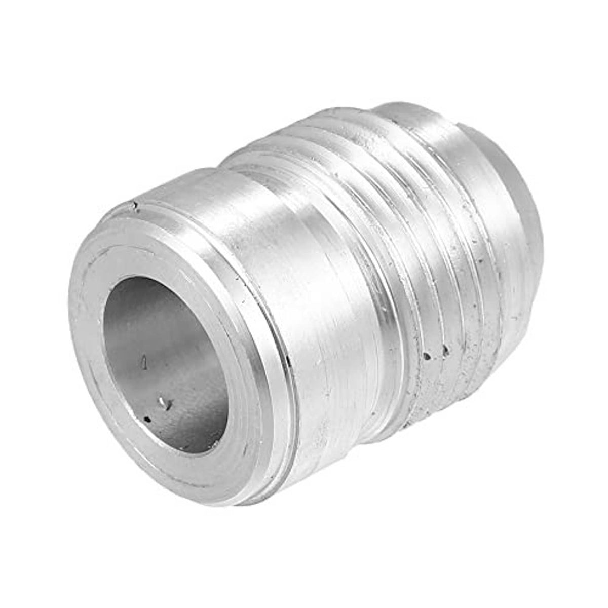 Close-up of silver aluminum weld-on hose adapter bung fitting with ribbed threaded surface.