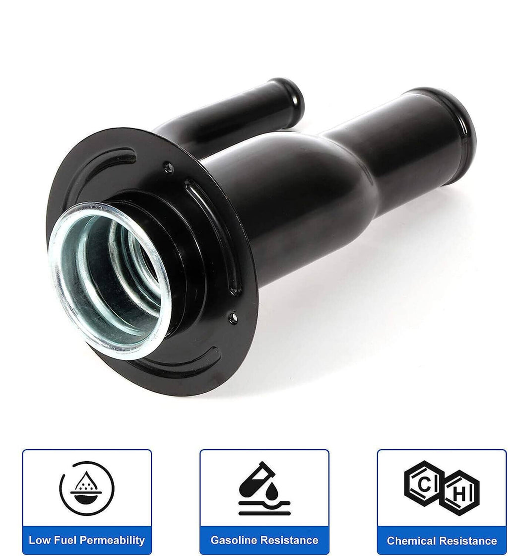Fuel filler neck pipe assembly with black tube and flange, silver inlet visible