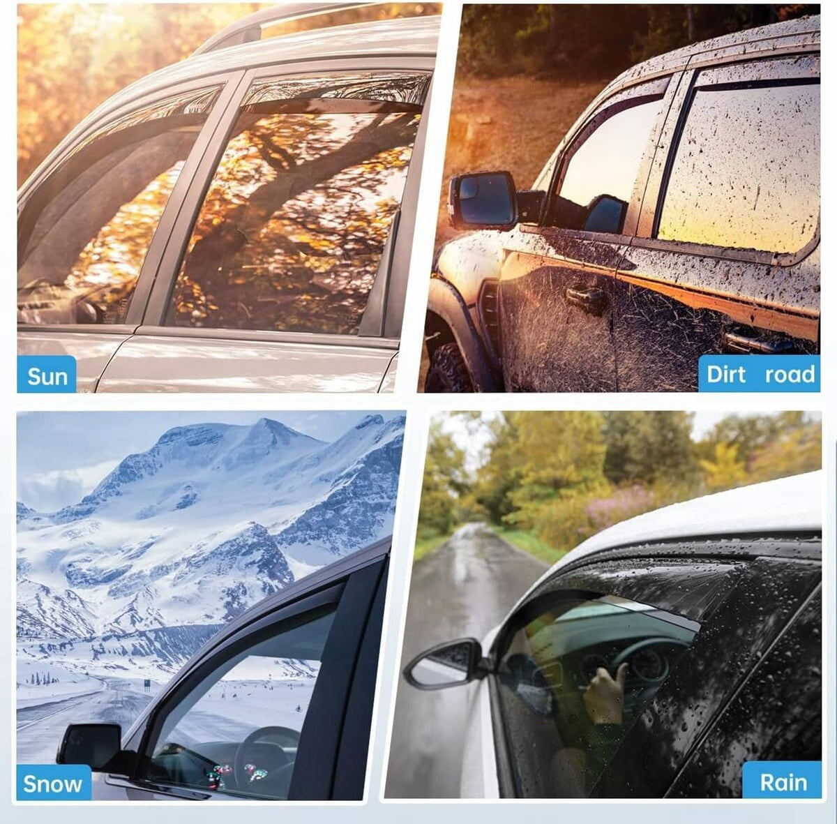 Car side windows with dark window visors showing sun, dirt, snow, and rain protection