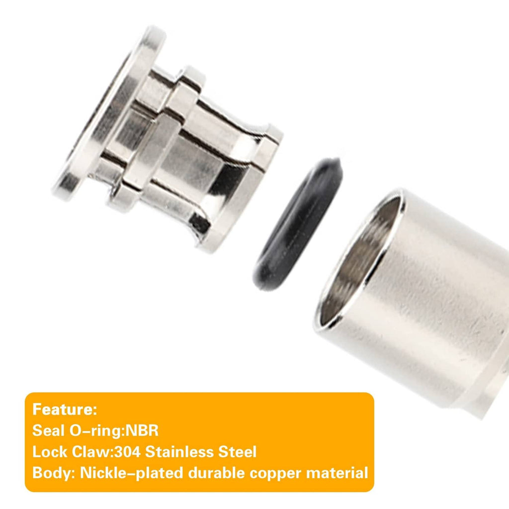 Quick-connect tee fitting close-up with three metal push ports for tubing