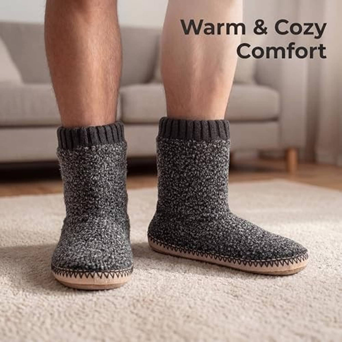 Men's grey fuzzy boot slippers with ribbed knit cuffs and tan stitched bottom