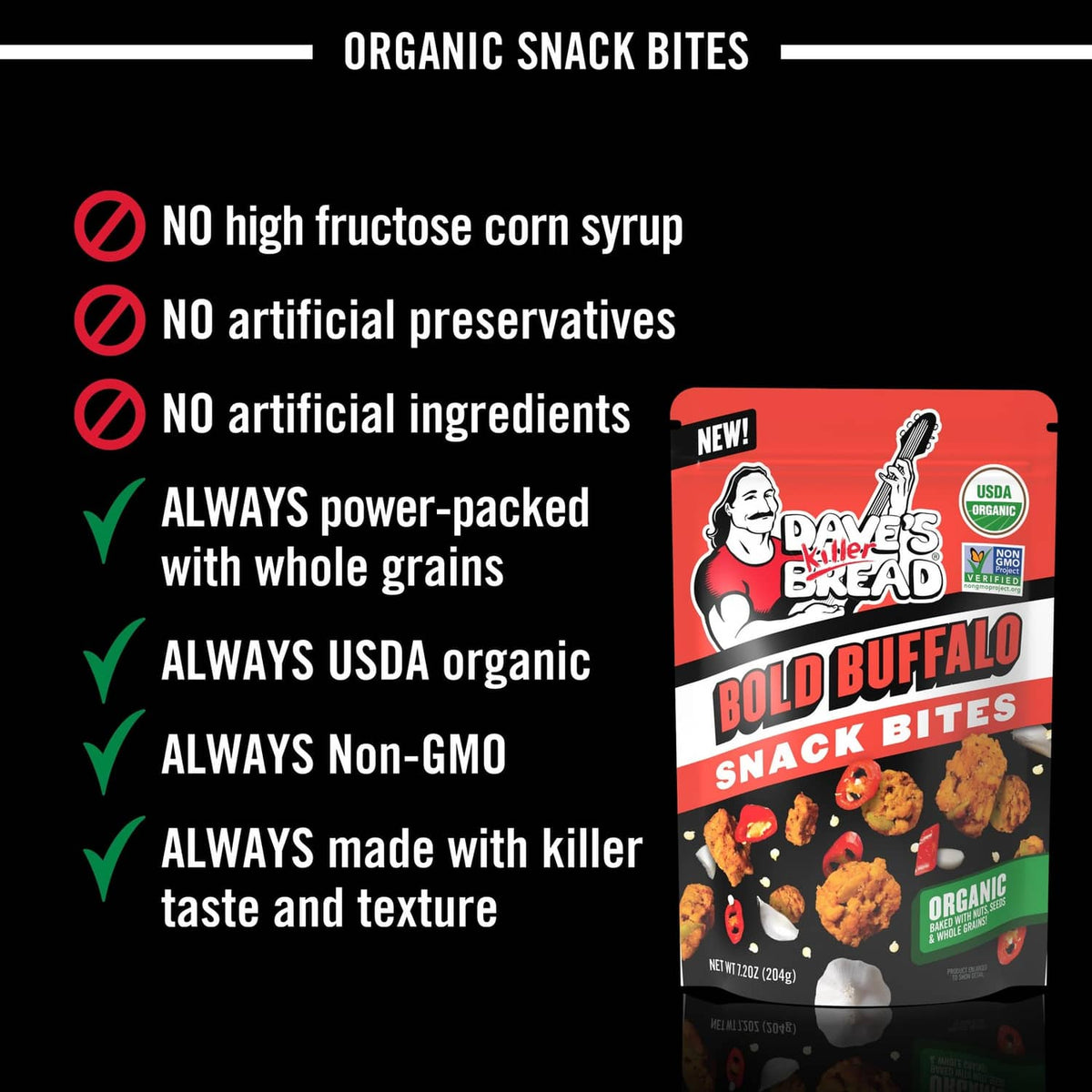 Organic snack bites pouch showing claims and front product package