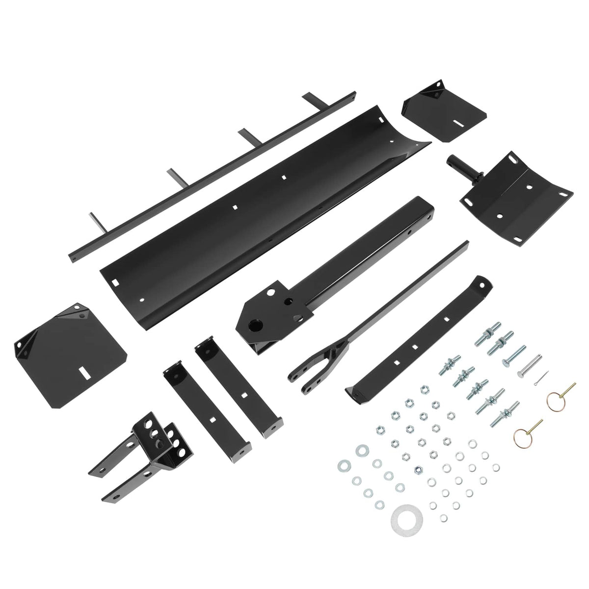 Box scraper blade parts set with black panels, brackets, and hardware pieces