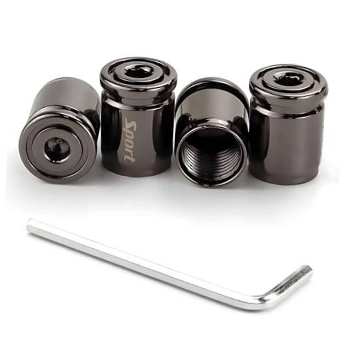 Locking car tire valve caps set with black caps and chrome installation wrench, 4-piece