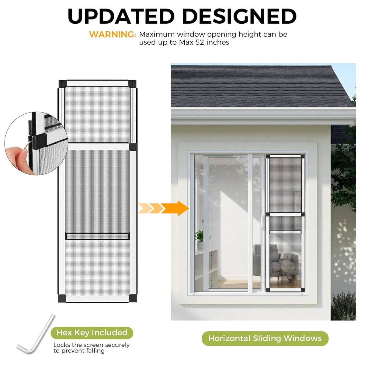 Adjustable window screen with white mesh panel and included hex key, designed for sliding windows