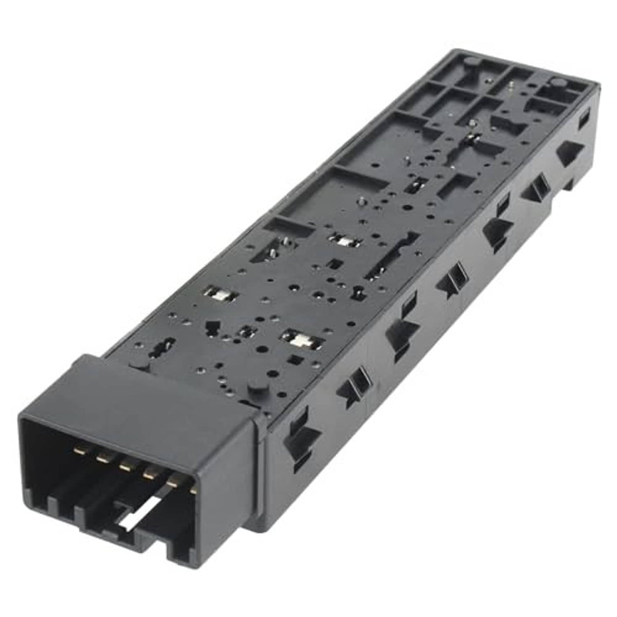 Power seat control switch underside with circuit pads and tab connectors, dark gray