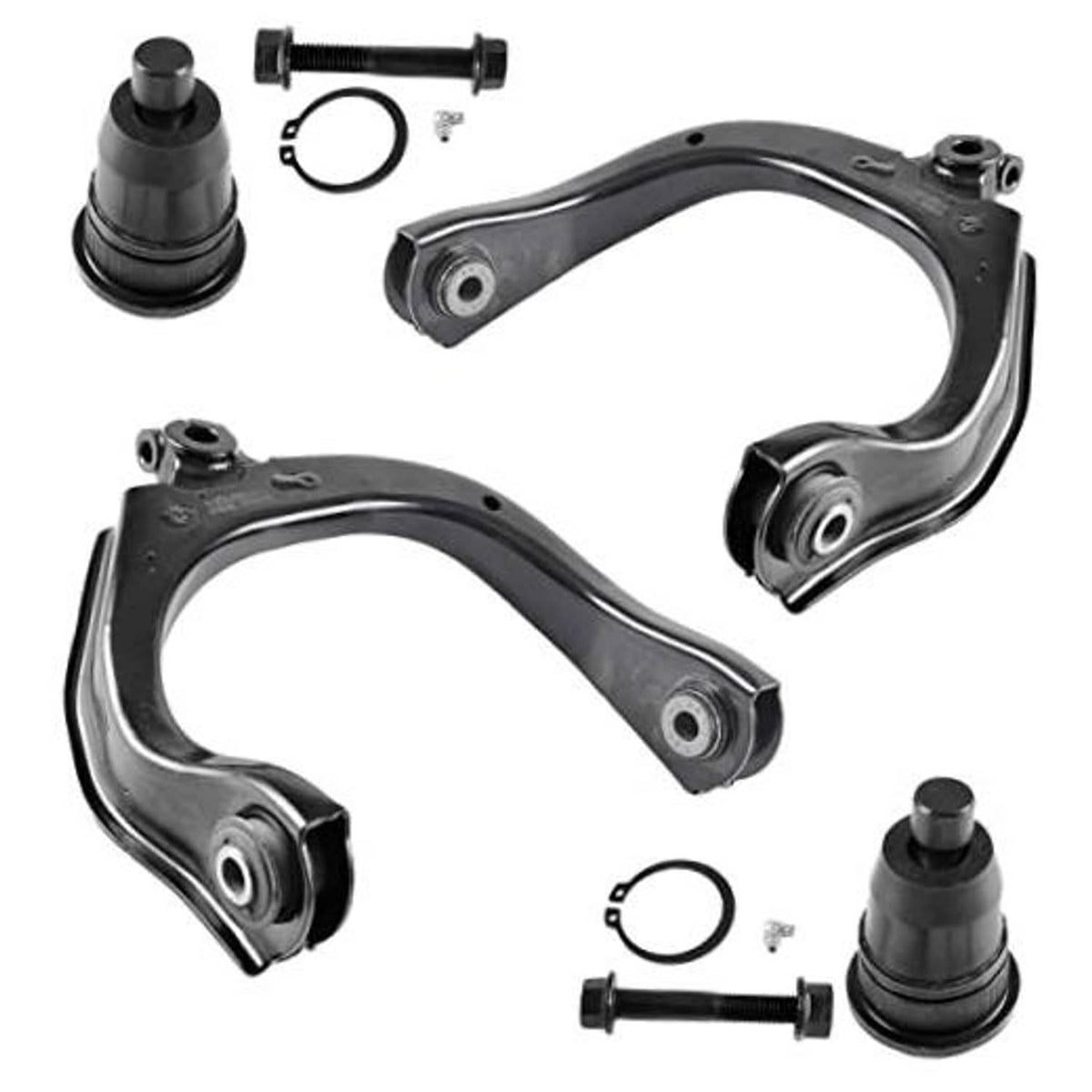 Front upper control arm set with ball joints and mounting hardware, black steel finish