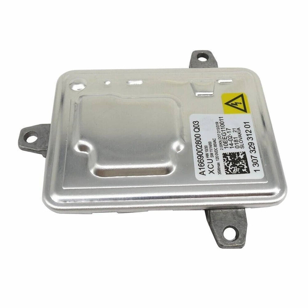 HID headlight ballast unit, metal housing with yellow hazard icon and label on top