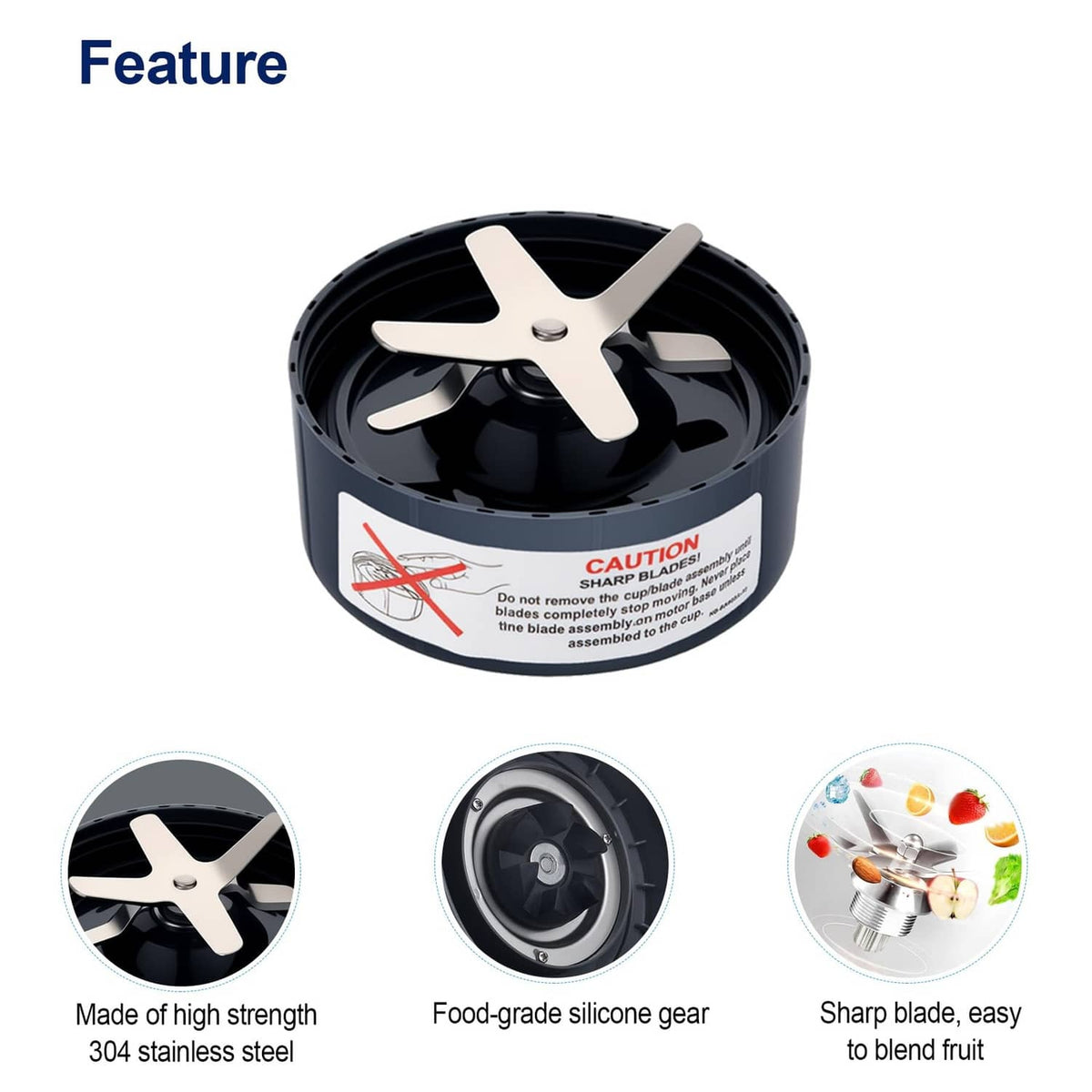 Black blender blade assembly with 304 stainless steel cross blade and silicone gear
