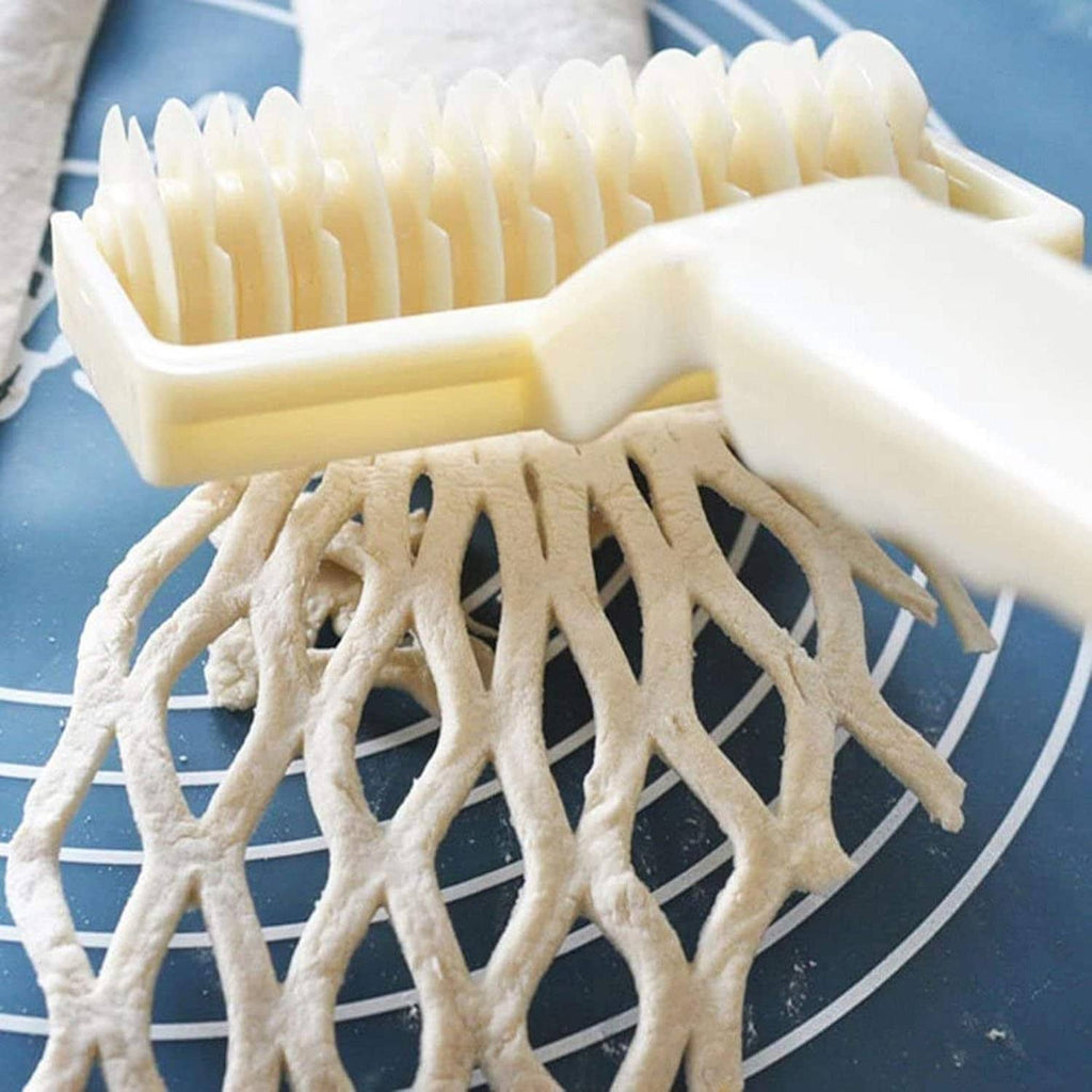 Lattice dough roller cutter creating crisscross lattice strips on dough