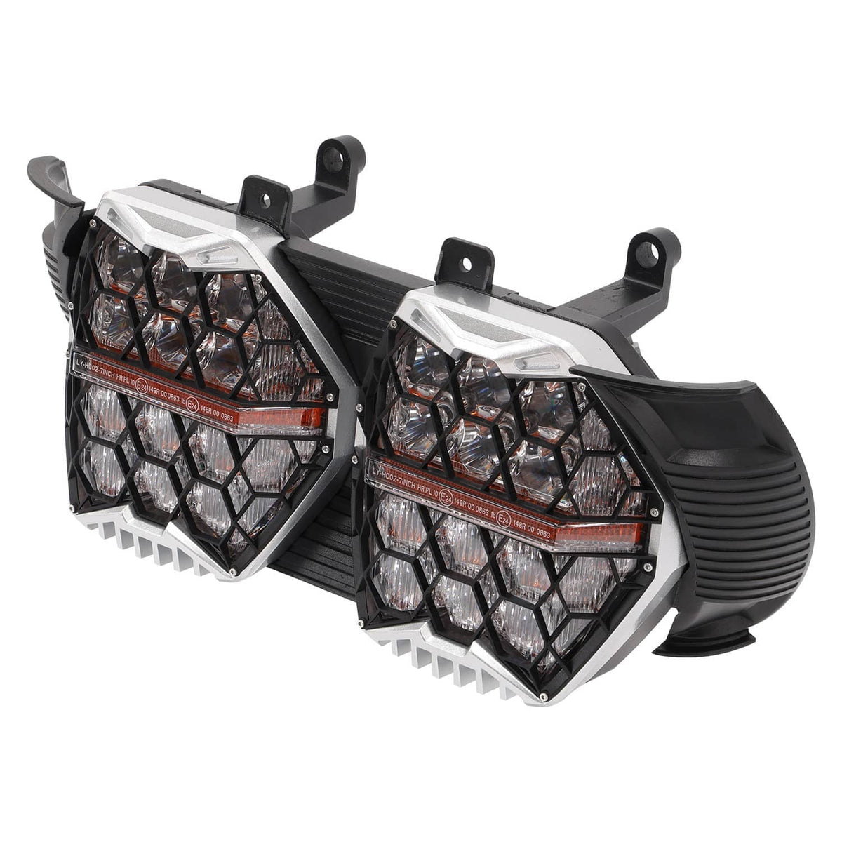 LED motorcycle headlight pair with black housing, clear lens panels, orange DRL strip