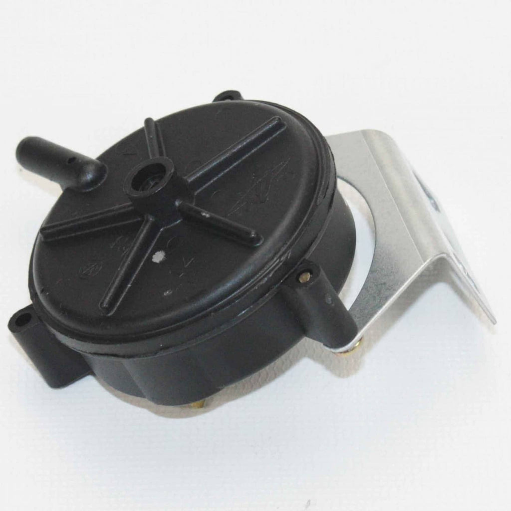 Furnace vent air pressure switch with black round housing, terminal, and bracket