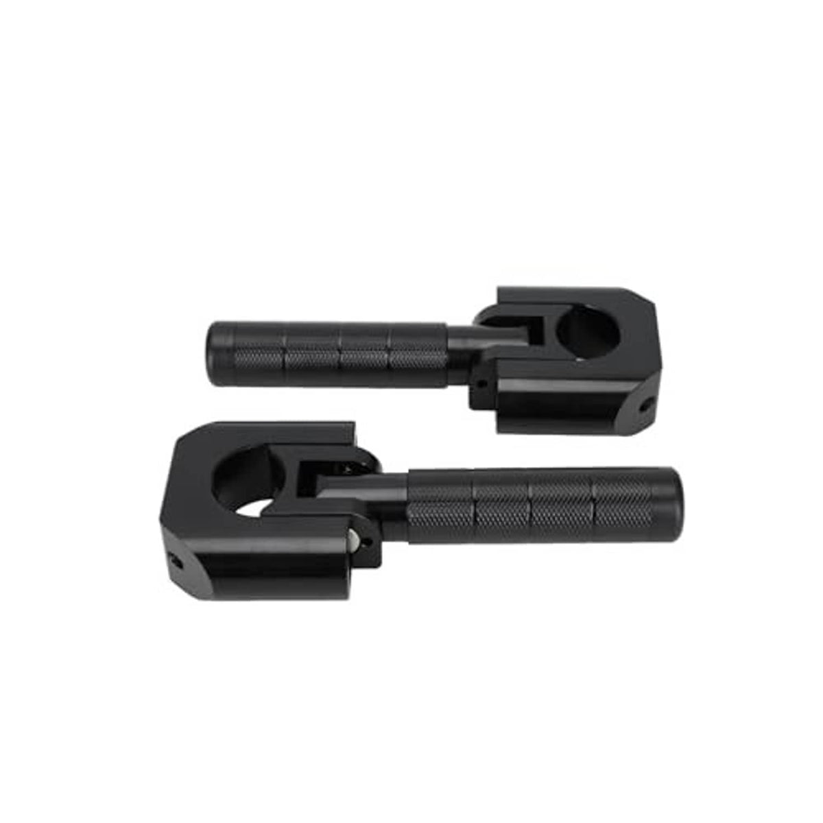 Two black textured footpegs shown from side with mount plates