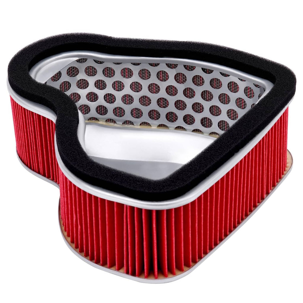 Red pleated motorcycle air filter with black foam outer frame, triangular shape
