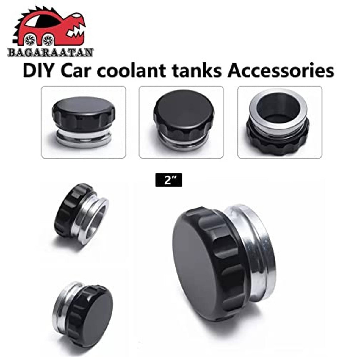 Aluminum filler neck cap set with black top and polished silver base ring, multiple angles