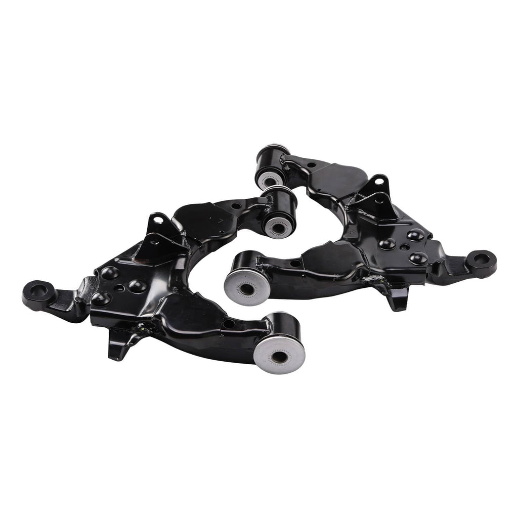 Front lower suspension control arms set, black metal with circular bushing housings