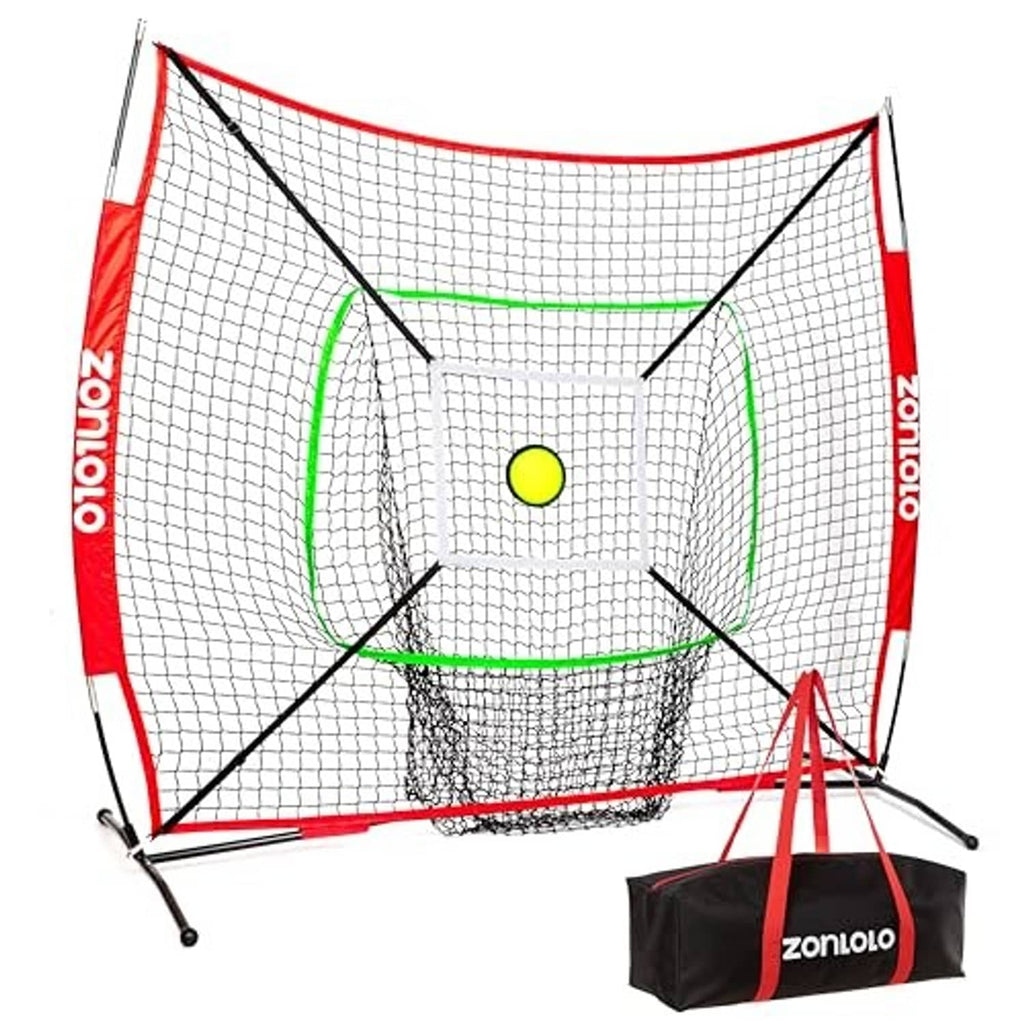 Baseball practice net with white mesh, red frame, green ring accents, and a center target ball.