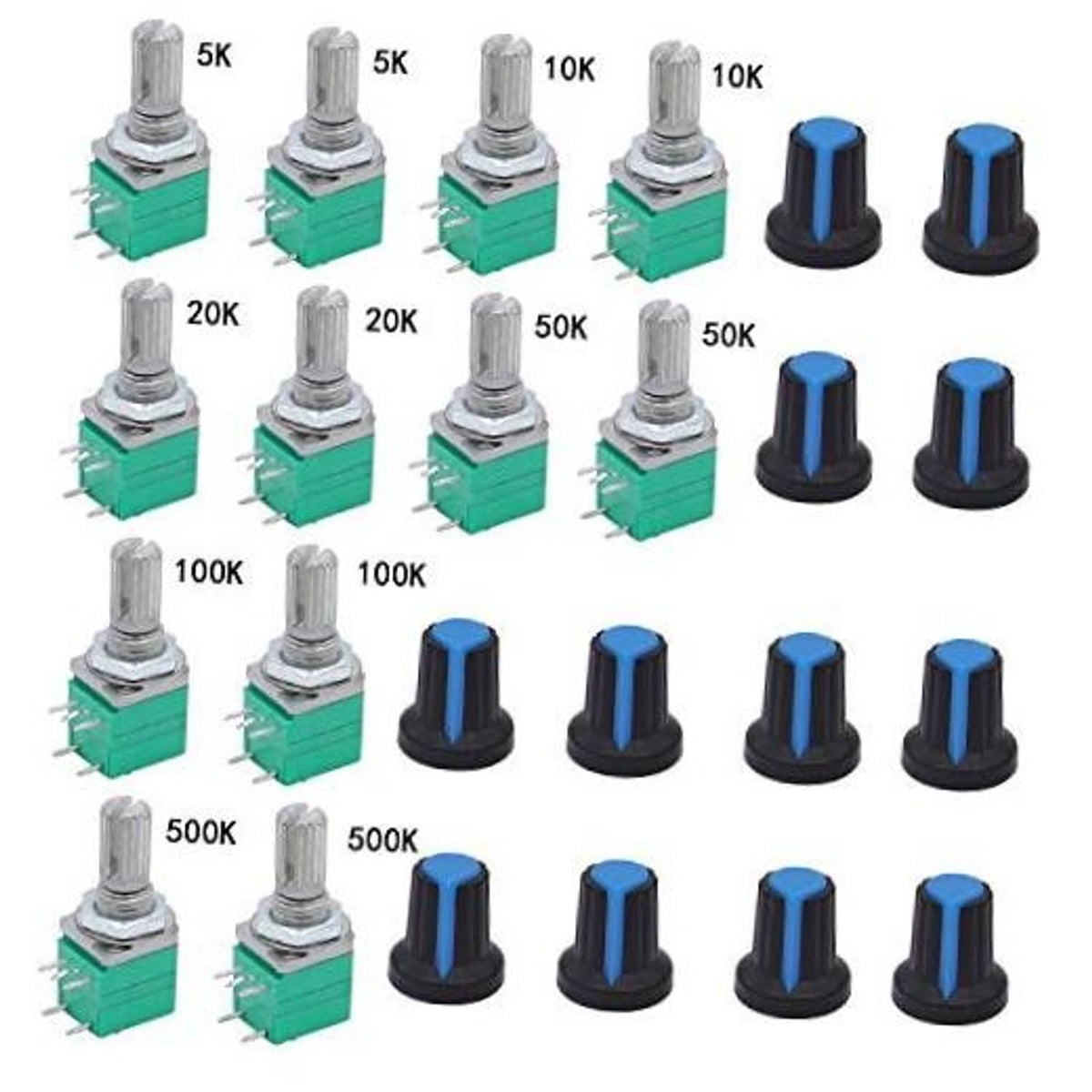 Set of 12 rotary potentiometers with switch, green boards and metal shafts