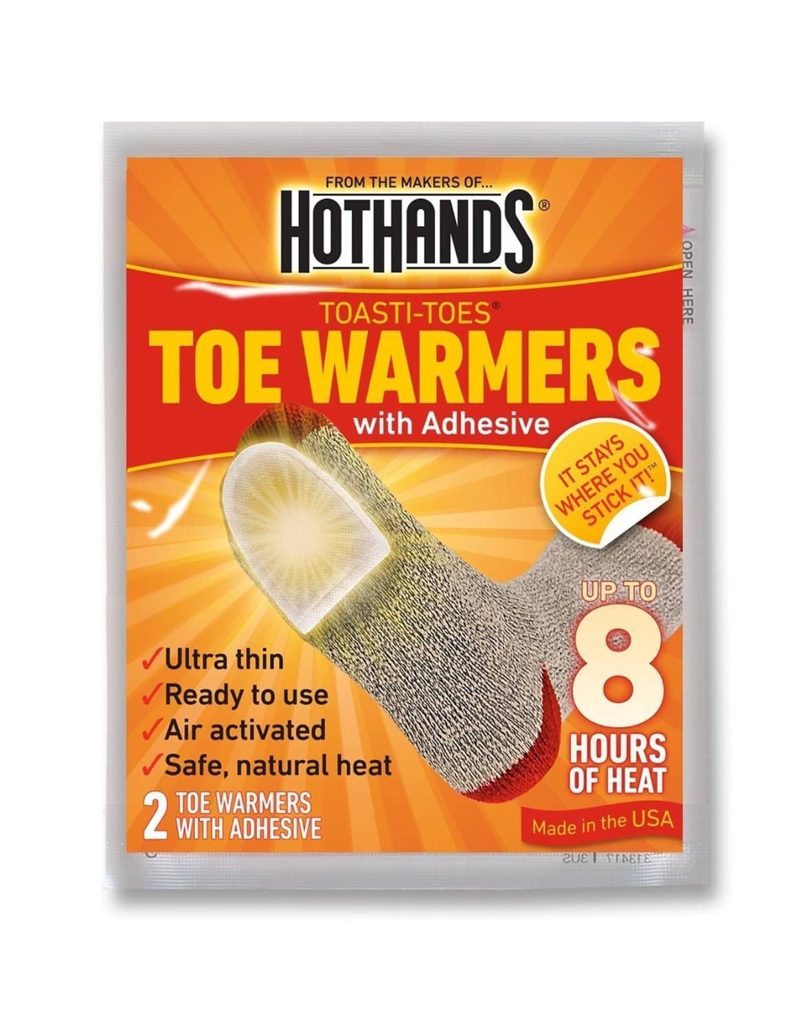 Hothands Toasti-Toes adhesive toe warmers in retail package, warmers up to 8 hours