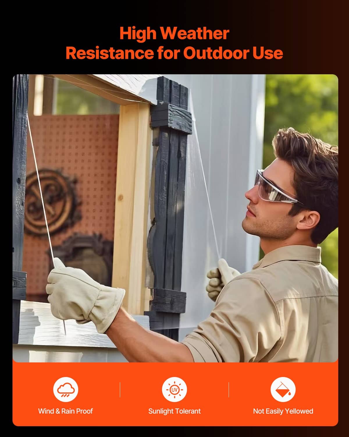 Clear acrylic sheet held outdoors in a window-like opening, vertical transparent panel.