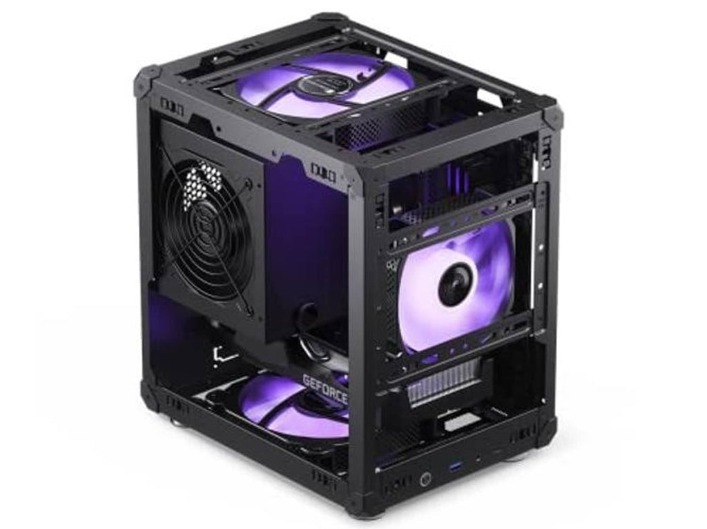 Black open mini micro-ATX PC case with cooling fans and RGB-style lighting