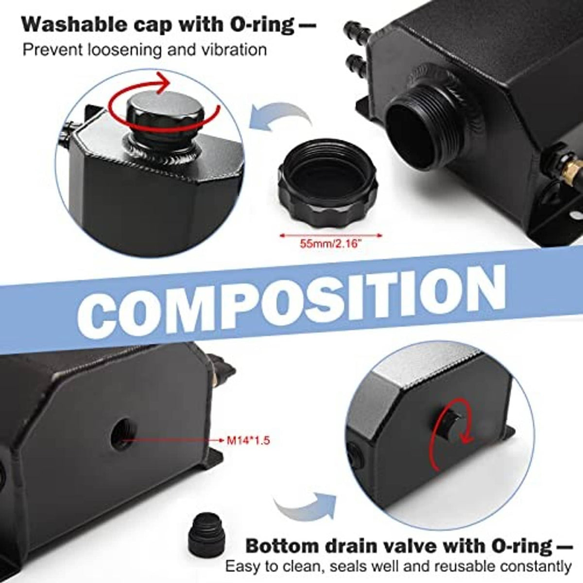 Black coolant overflow tank with sealed cap and threaded drain fitting with O-ring
