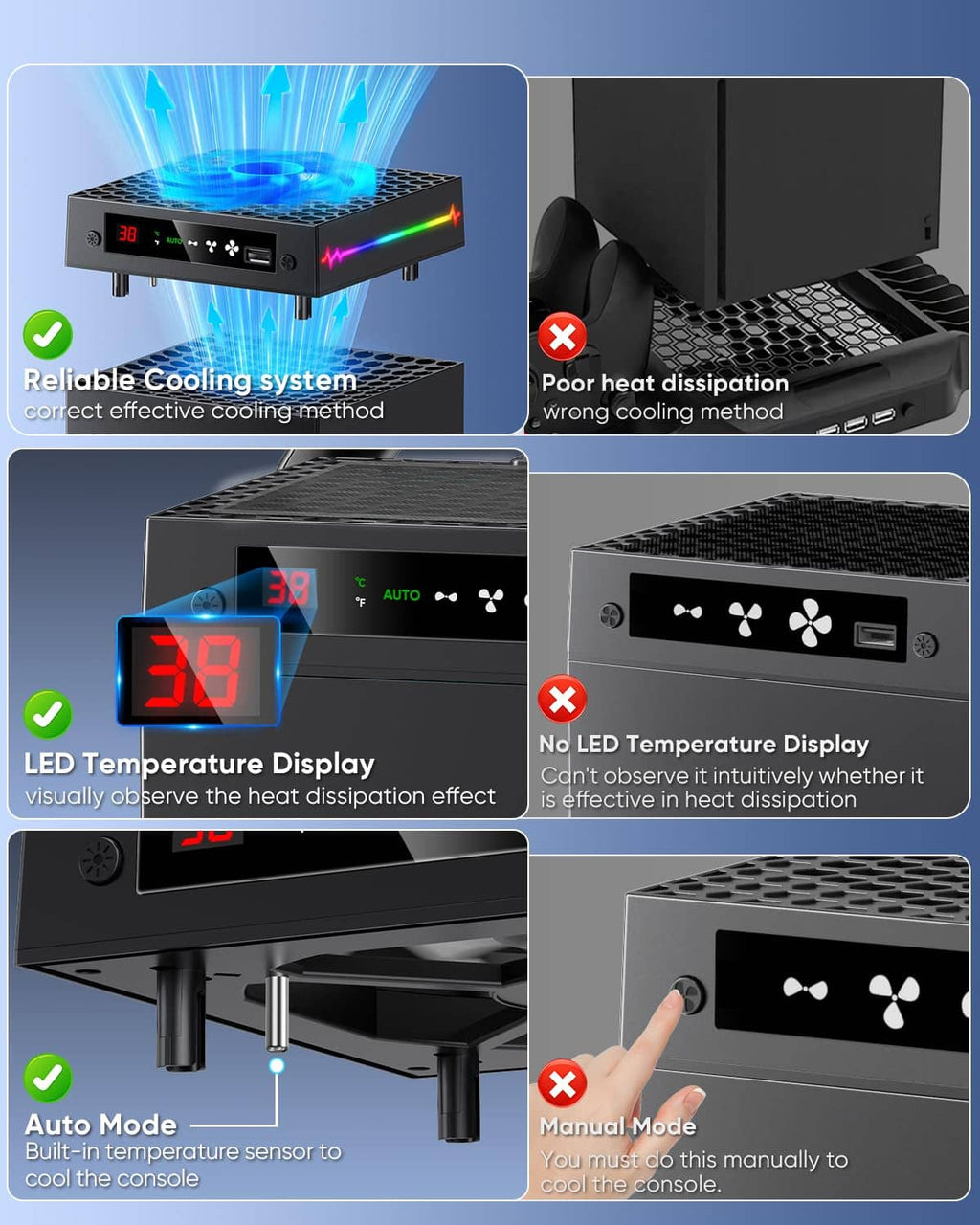 Black cooling fan unit with control panel and RGB strip, shown with cooling views