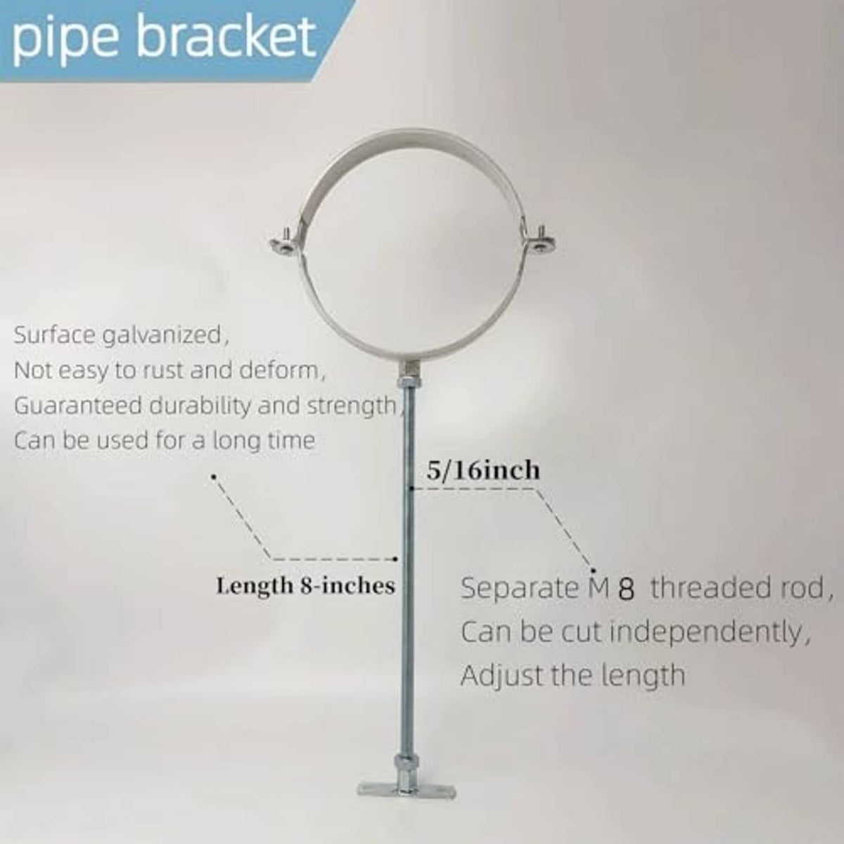 Galvanized stove pipe bracket with circular clamp and adjustable threaded rod, base plate