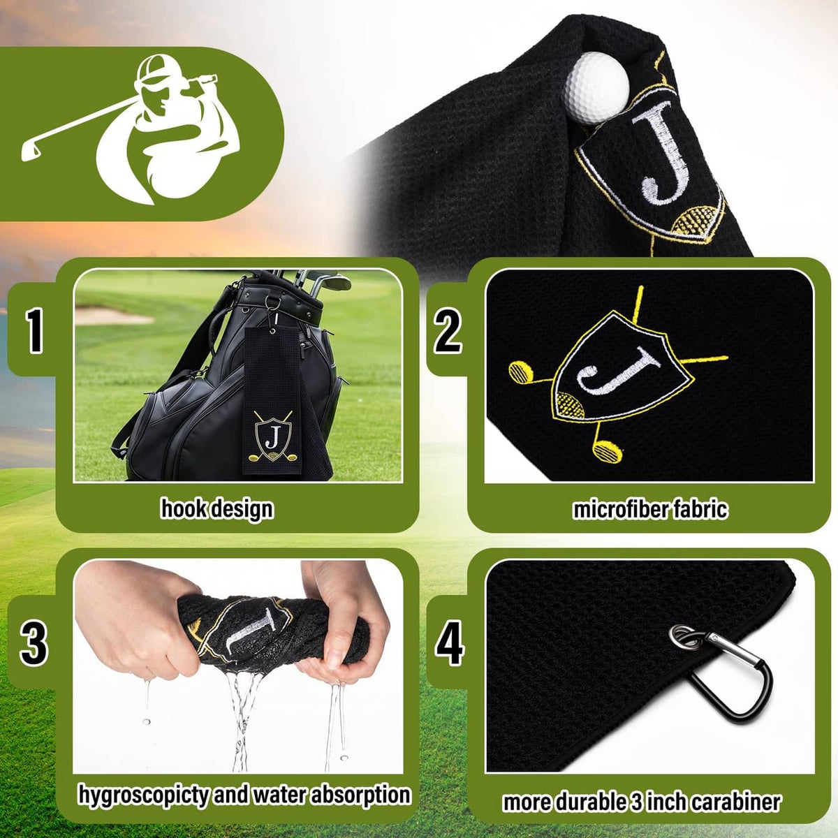 Black microfiber golf pouch with gold-trimmed J crest, with hook design and golf ball