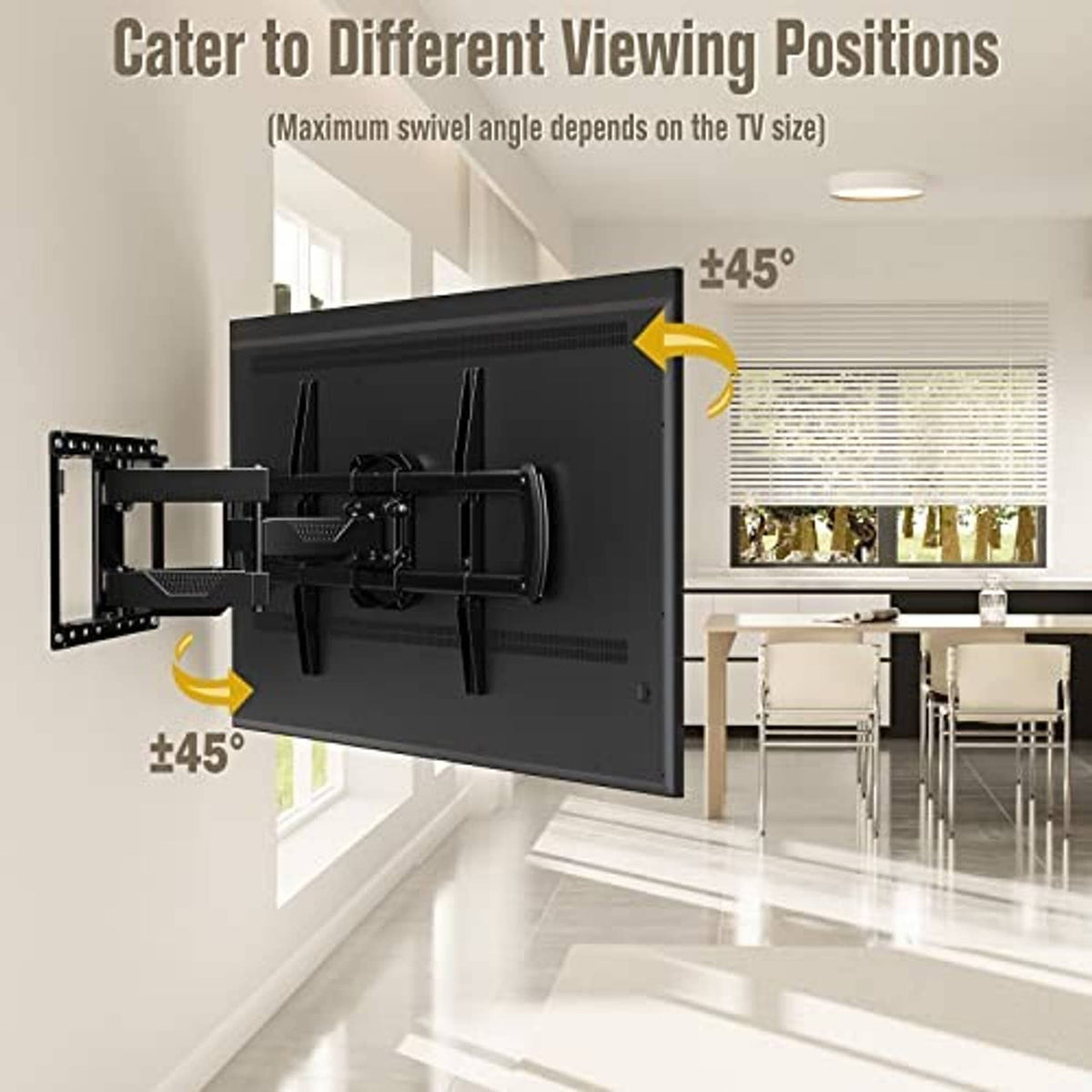 Full-motion TV wall mount bracket supporting a TV at two viewing angles