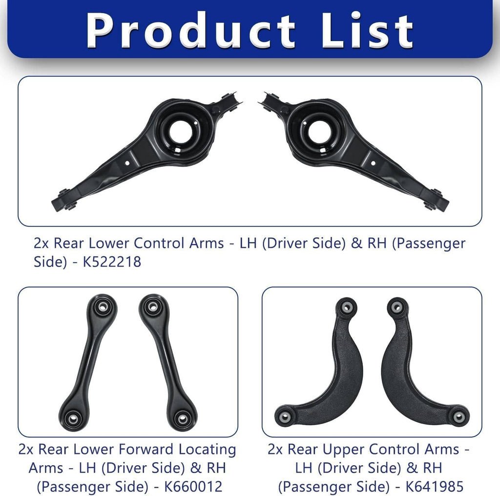Product list image showing rear lower and upper control arms with bushings