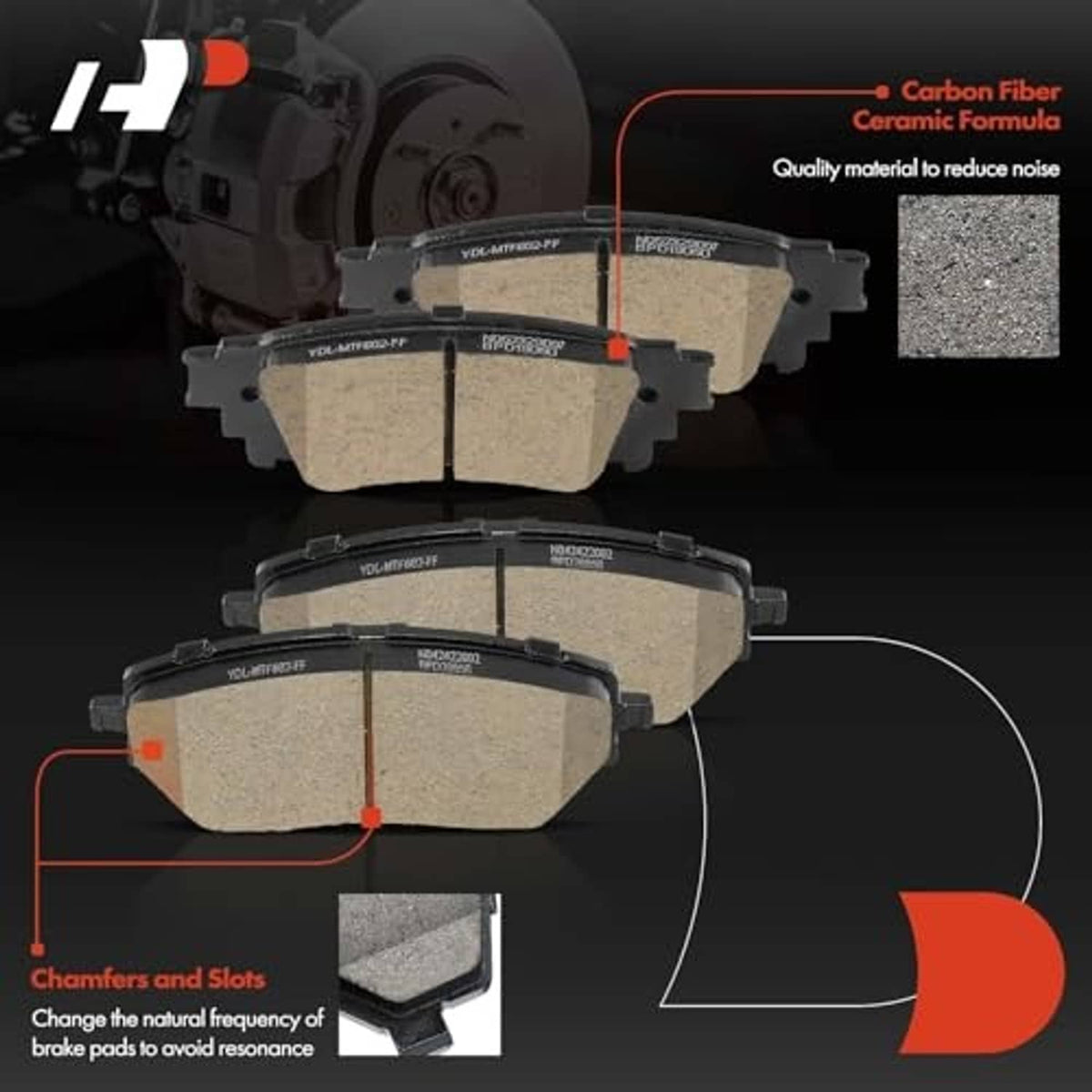 Ceramic brake pads shown with beige friction blocks and close-up friction surface details