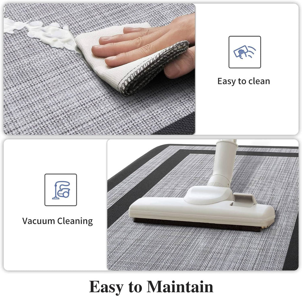 Gray kitchen mat surface with hand smoothing rolled edge; easy-clean style