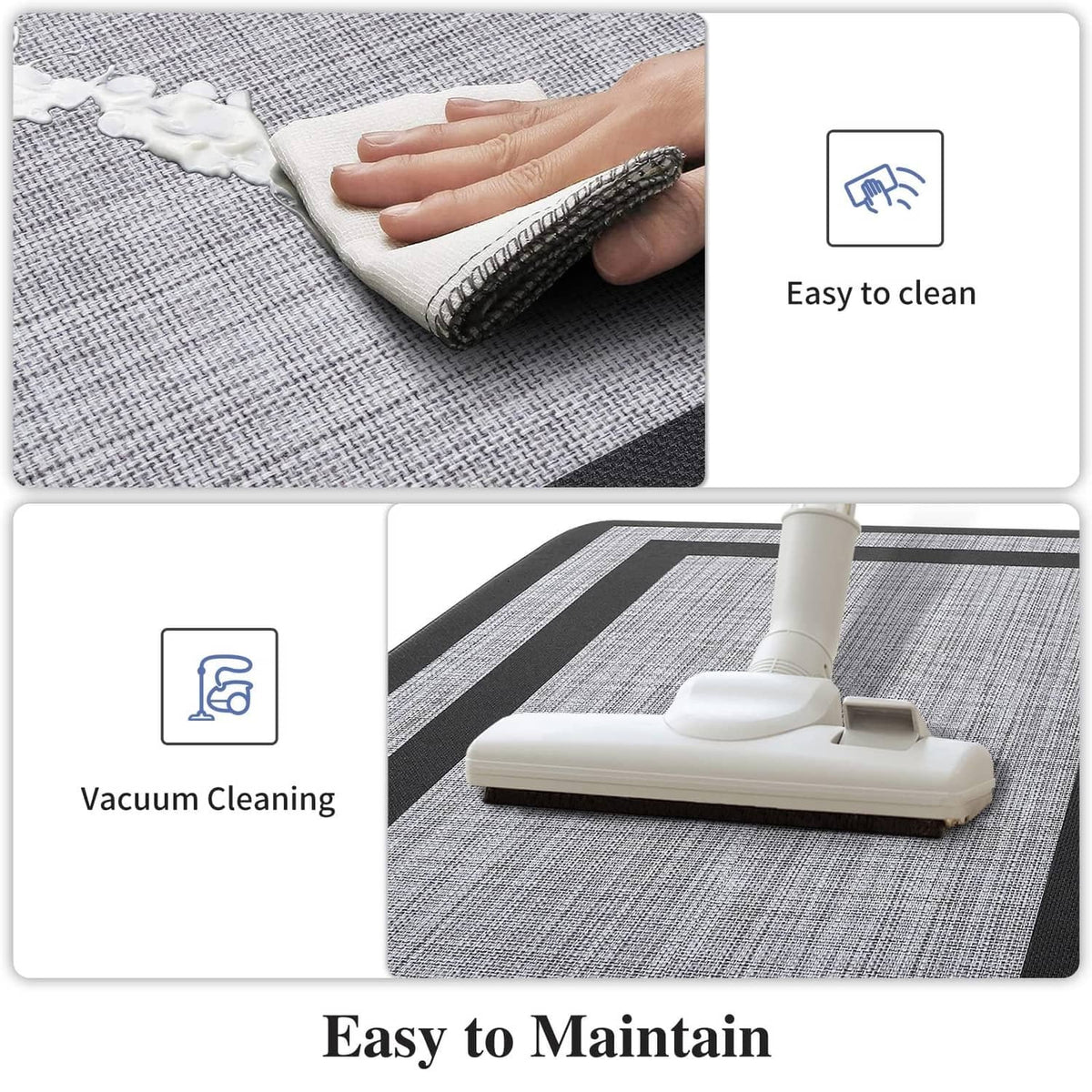 Gray kitchen mat surface with hand smoothing rolled edge; easy-clean style