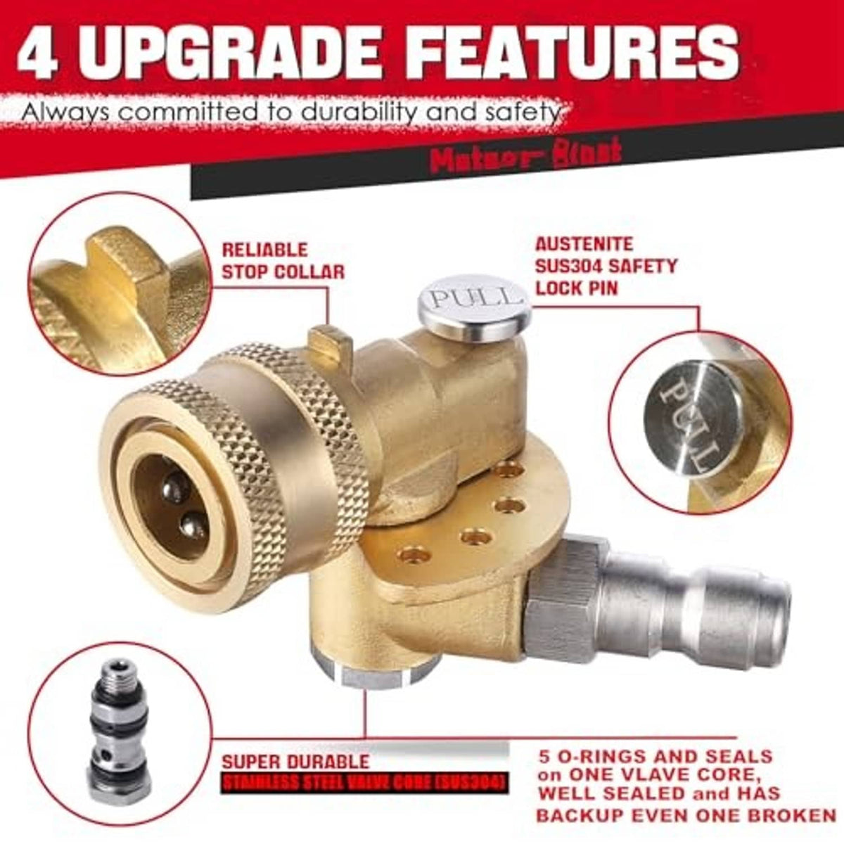 Brass pivoting coupler with pull pin knob, knurled ring, and mounting flange