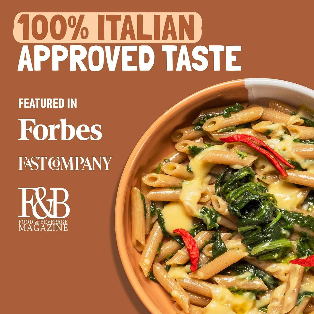 Felicia oat penne pasta in bowl with sauce and greens, branded promotional graphic