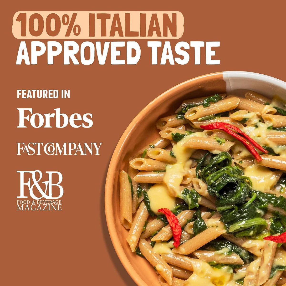 Felicia oat penne pasta in bowl with sauce and greens, branded promotional graphic