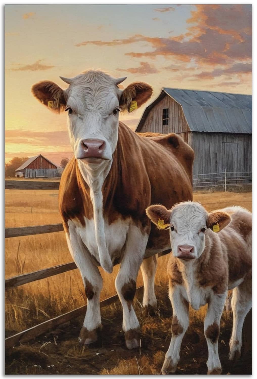 Rustic farm canvas wall art showing a brown cow and gray calf, vertical composition