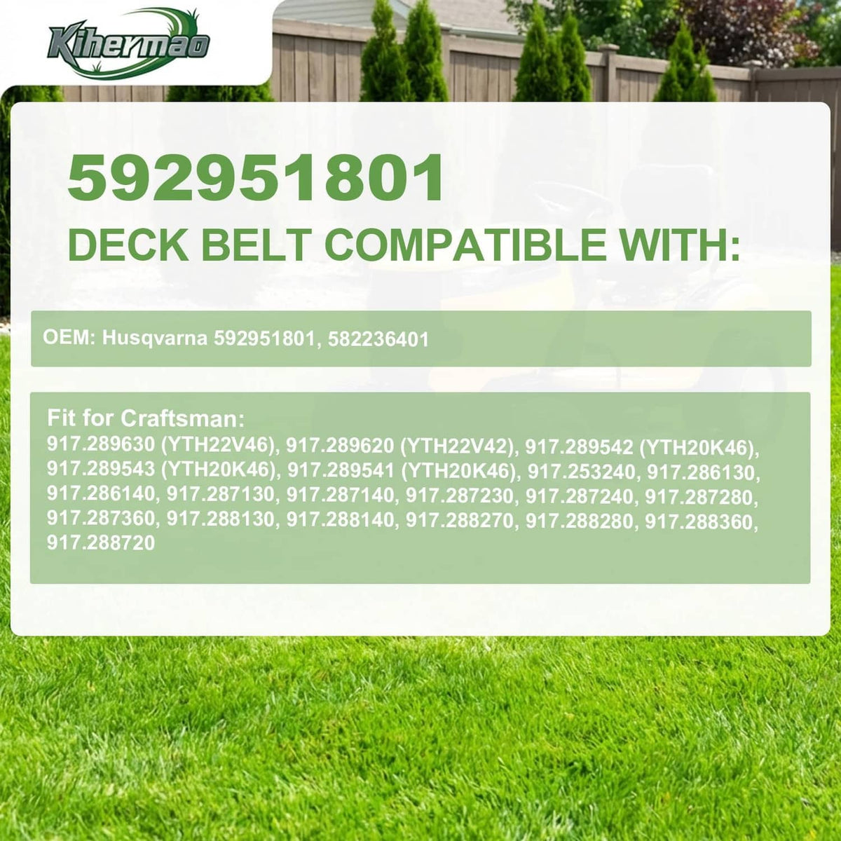 Deck belt compatibility card for Husqvarna 592951801 with matching OEM and models.