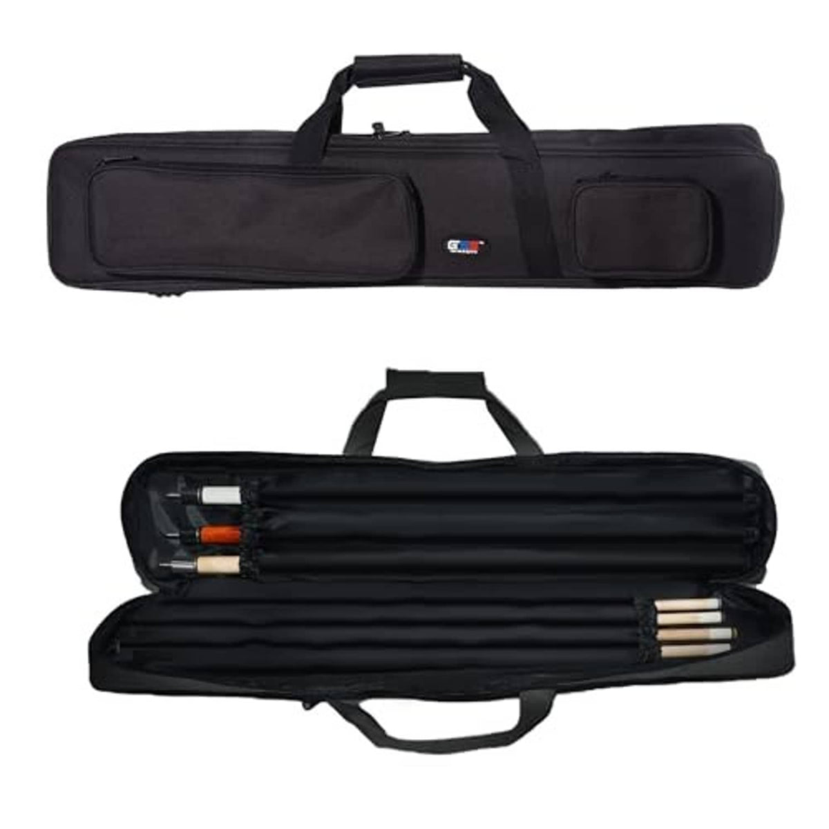 Black soft 3-cue pool cue case with interior compartments and zipper opening
