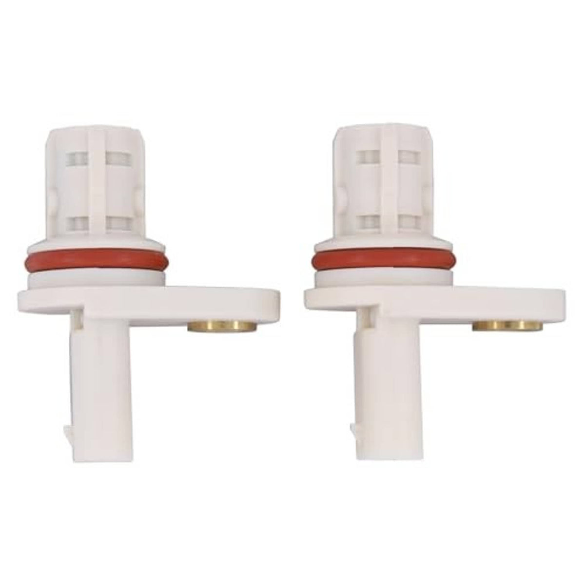 Camshaft position sensor pair viewed from front, white housing with red O-ring and two ports