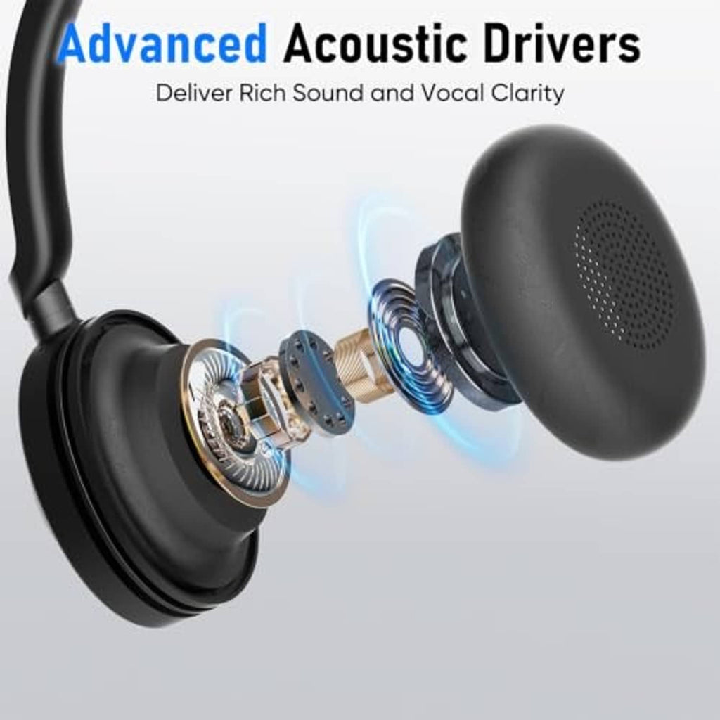 Black over-ear headset earcup close-up with internal acoustic driver detail