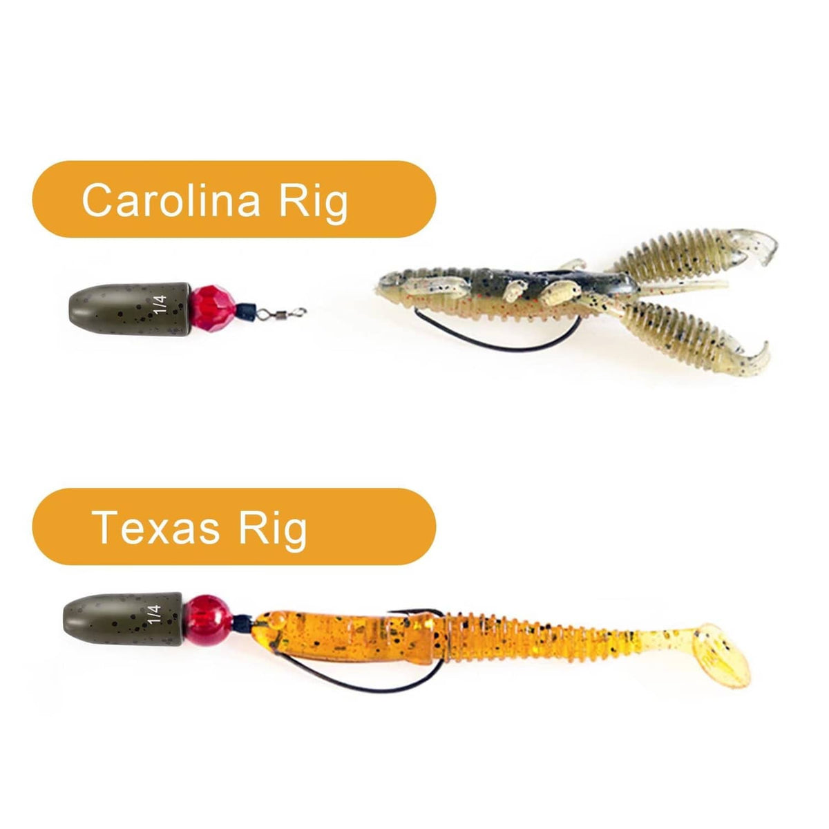 Tungsten bullet weight with red bead and soft plastic worm on fishing rigs.