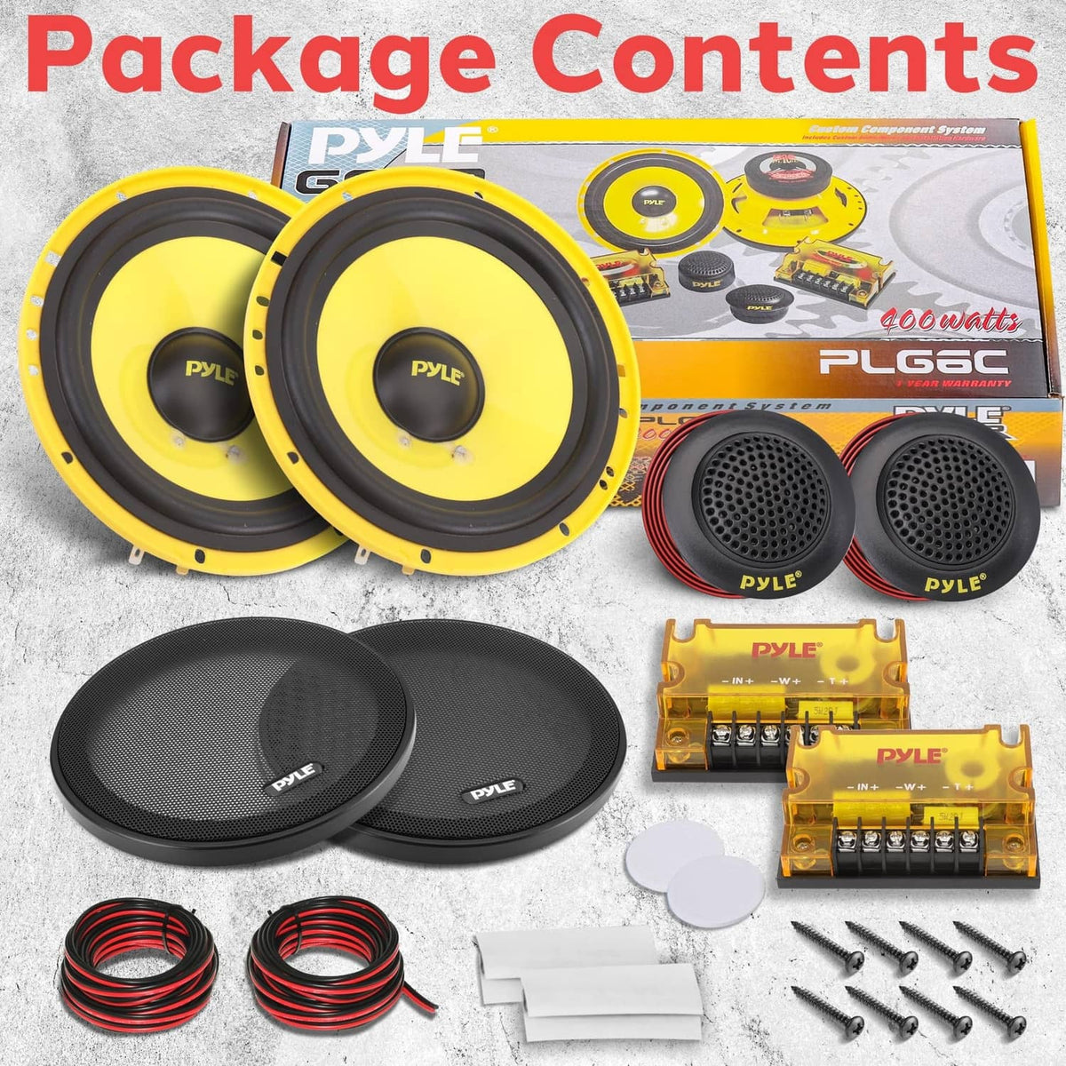 Speaker package contents: two 6.5-inch yellow woofers, tweeters, grilles, and crossover