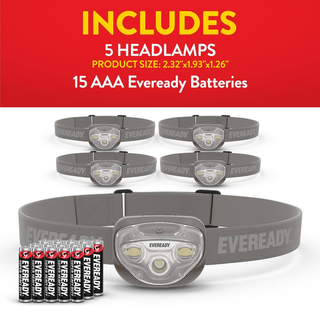 Gray EVEREADY LED headlamp 5-pack with five lights and AAA batteries