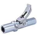 Heavy-duty quick release grease coupler with silver jaws and thumb lever
