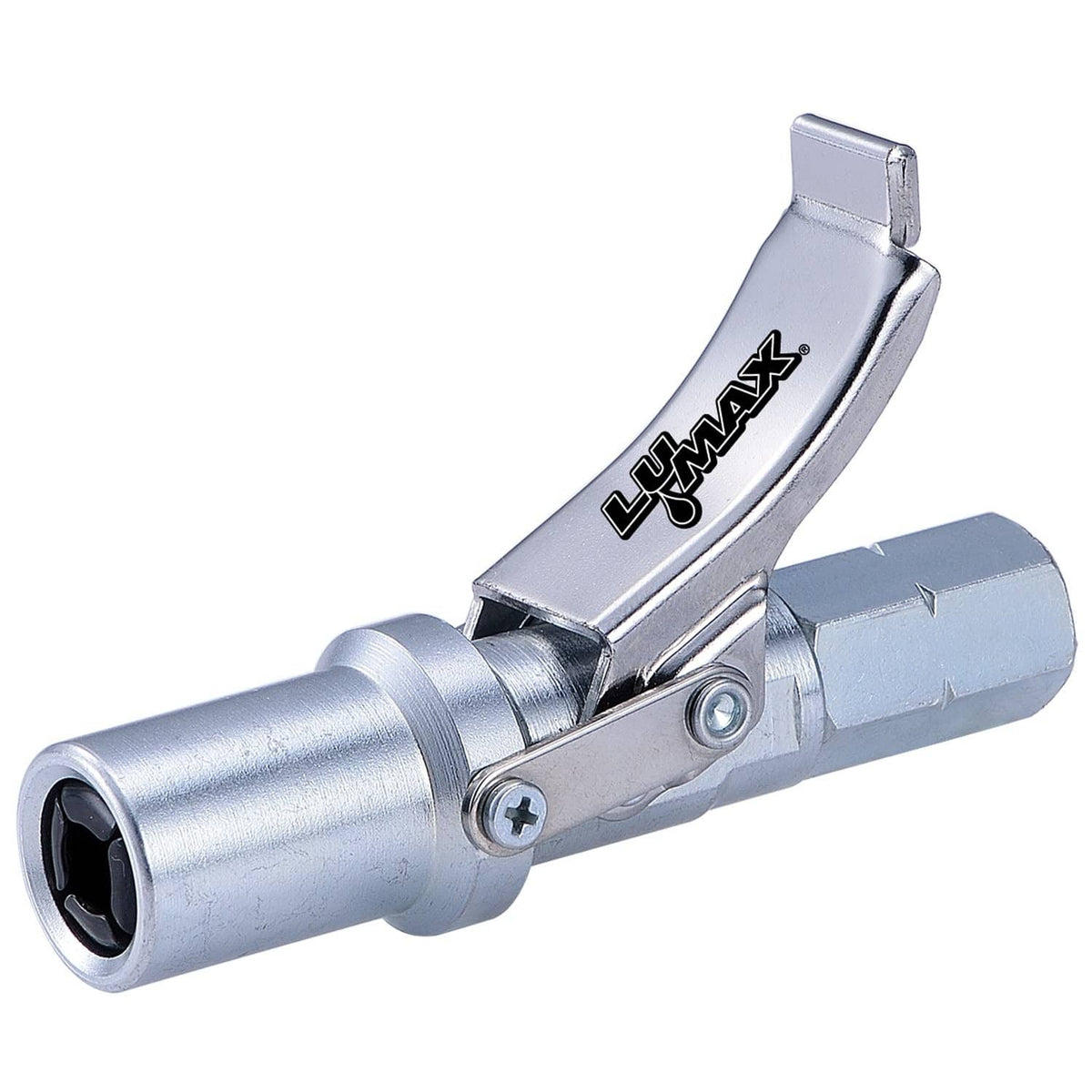 Heavy-duty quick release grease coupler with silver jaws and thumb lever