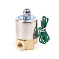 Brass 1/4" NPT solenoid valve with metal cylinder and green lead wires