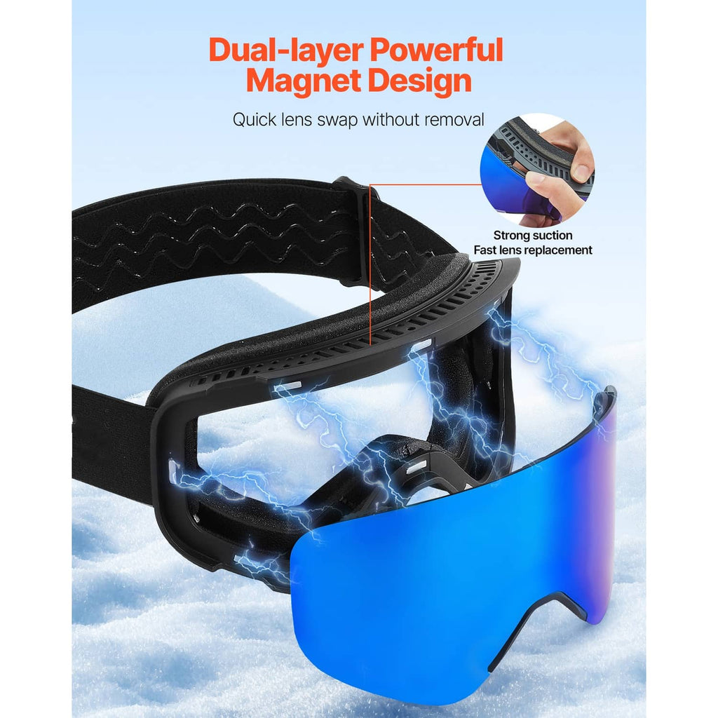 Blue ski goggles with magnet-style lens swap area and black strap